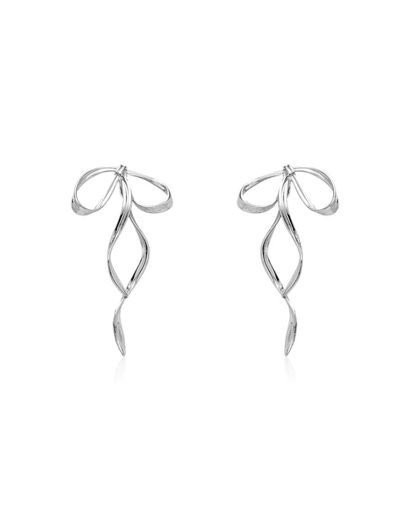 Angelic Aura Ribbon Dangle Earrings-Silver-Regular-Front--Model---S