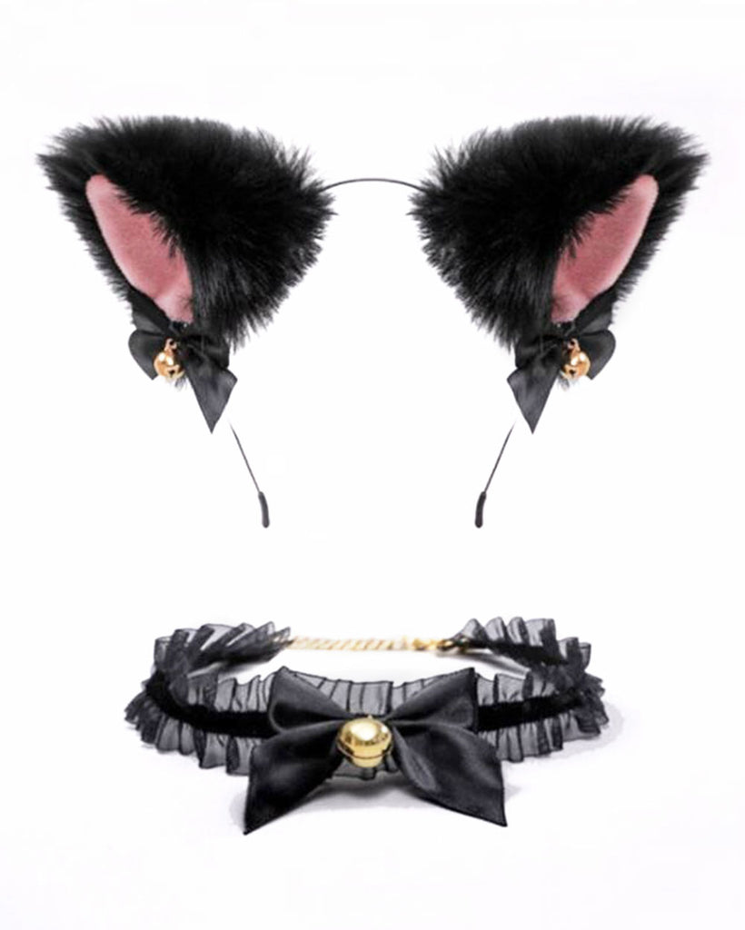 Curious Kitty Headband & Choker-Black-Regular-Front--Model---S