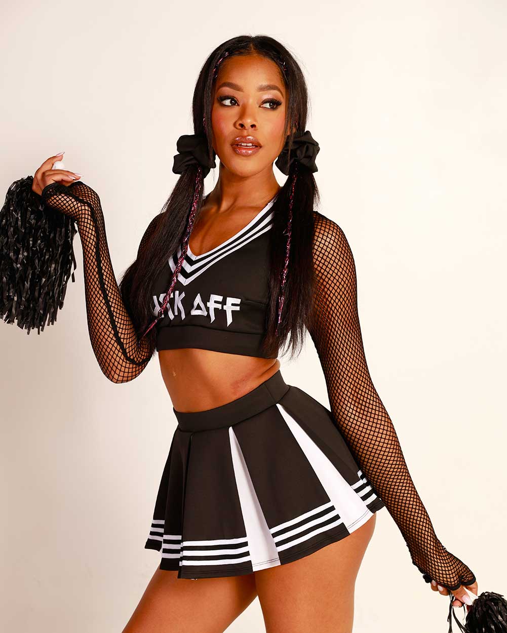 iHeartRaves Exclusive Pompom Girl Cheerleader Costume Set-Black-Side--Brandy---S-M