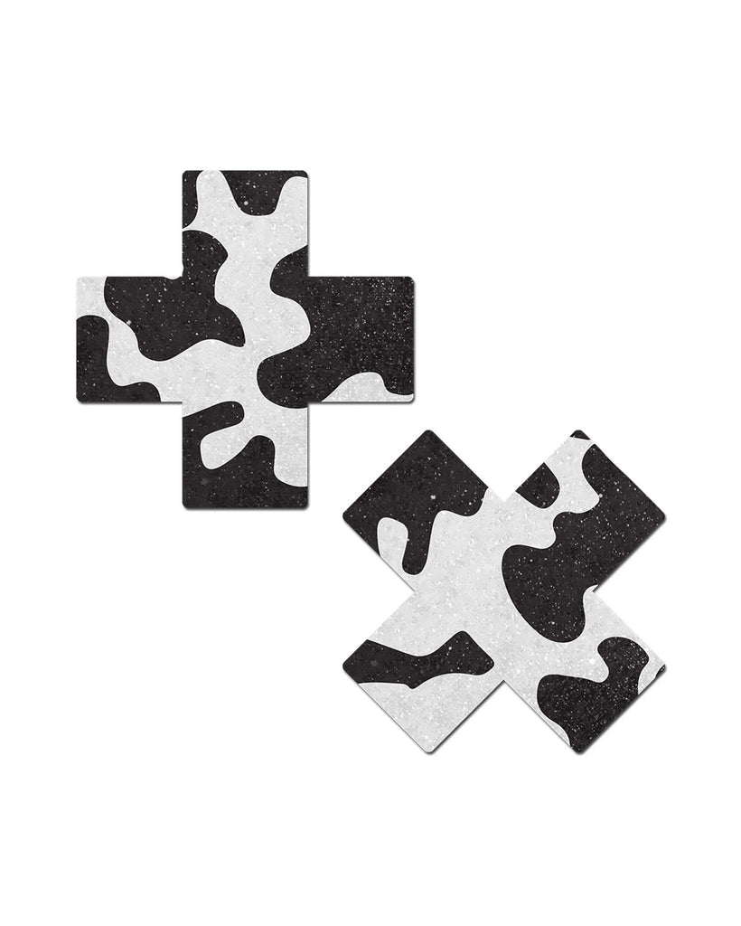 Pastease Black & White Cow Print Cross Nipple Pasties-Black/White-Front