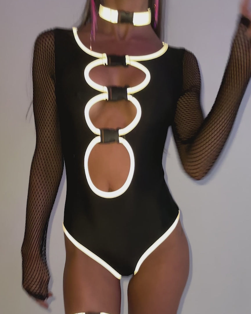 Charge Up Reflective Fishnet Bodysuit-Black-allskus