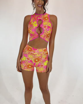 Rolita Couture x iHR Floral Frenzy Hypnotic Cutout Shorts-Pink/Yellow-Regular-allskus