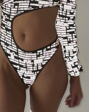 Augmented Reality Reflective Long Sleeve Cutout Bodysuit-Black/White-allskus