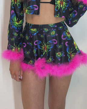 Euphoric Butterflies Marabou Mini Skirt-Neon Pink/Neon Yellow/Purple-allskus