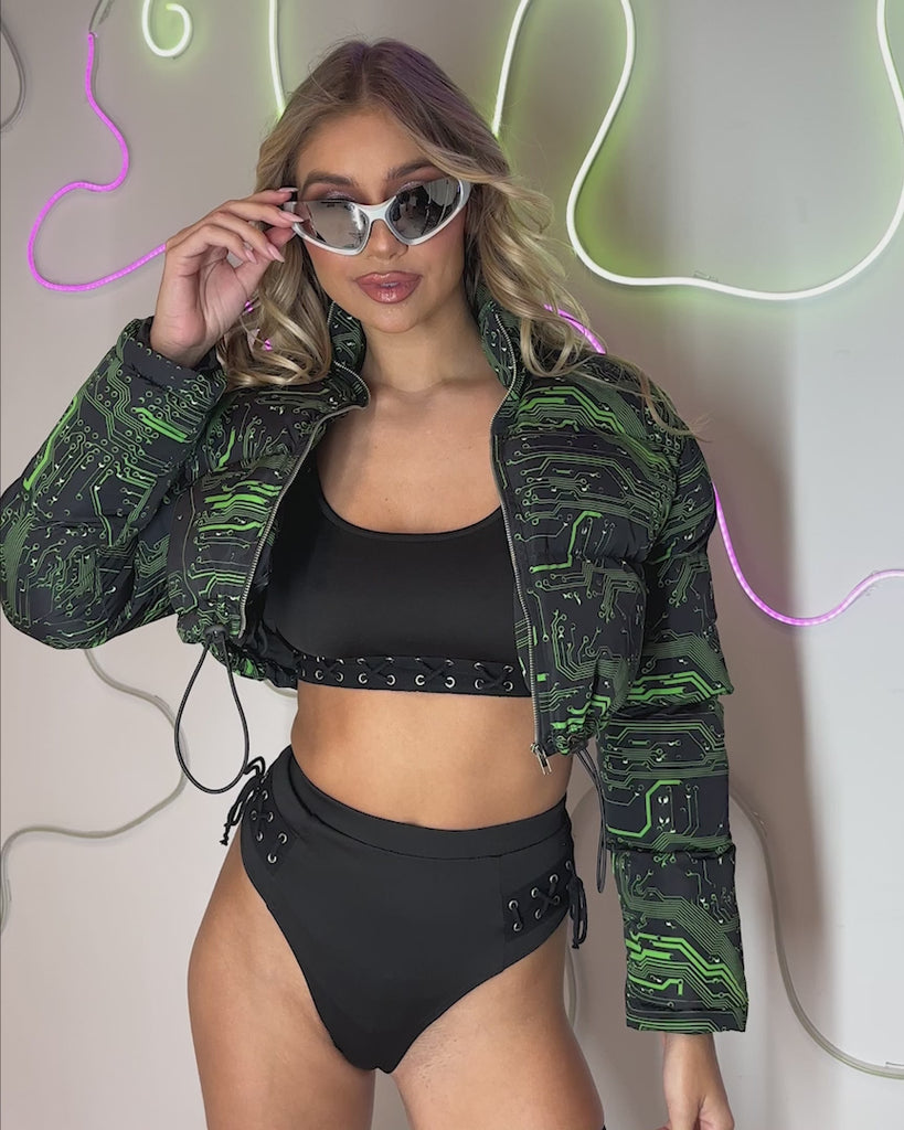 Cyber Matrix Cropped Puffer Jacket-Black/Green-allskus