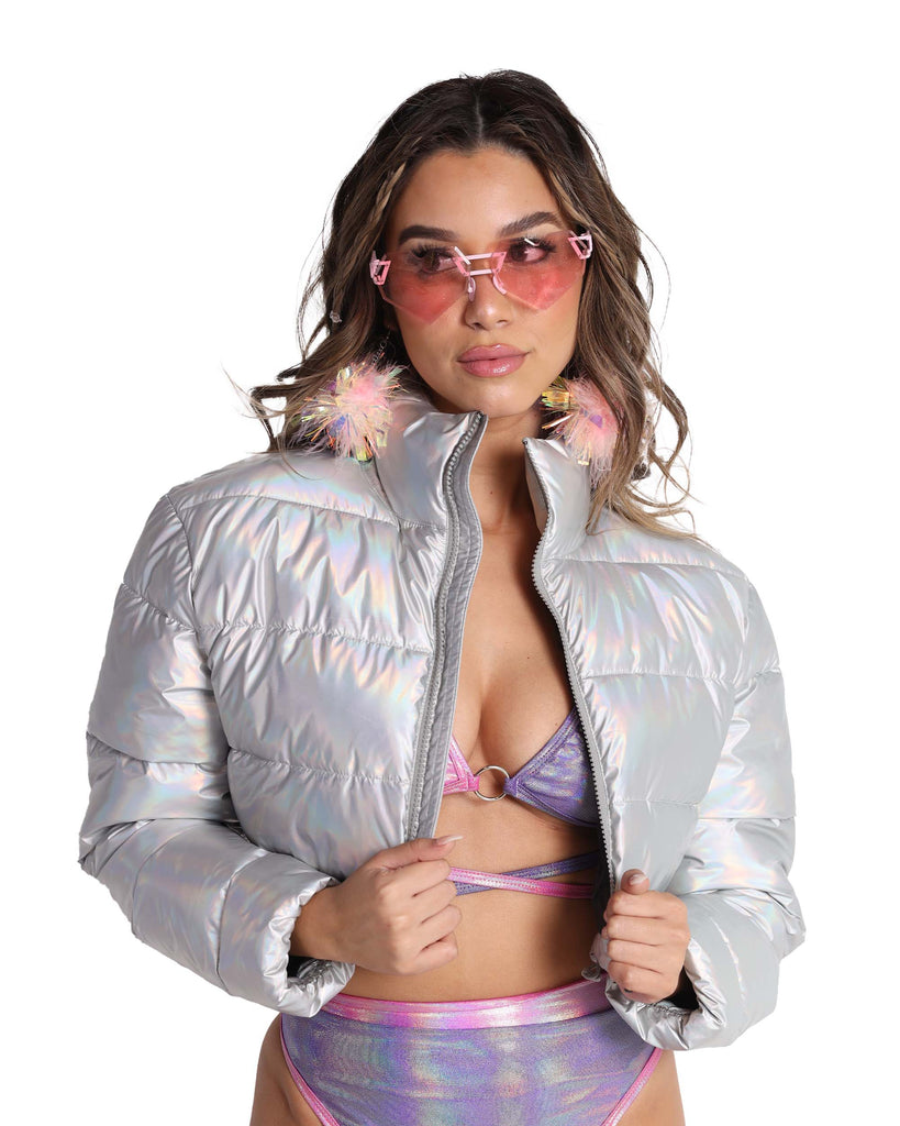 All Night Long Holo Cropped Puffer Jacket-Grey-Front--Sami---S