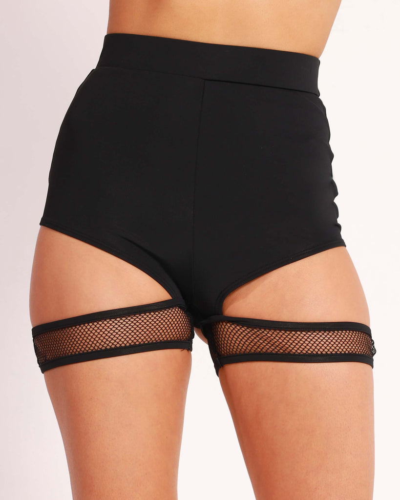 Basic Instinct Booty Shorts with Fishnet Garters-Black-Front--Sami---S
