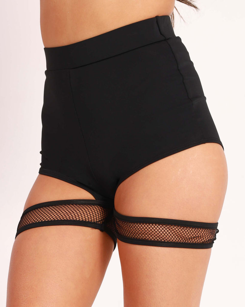 Basic Instinct Booty Shorts with Fishnet Garters-Black-Side--Sami---S