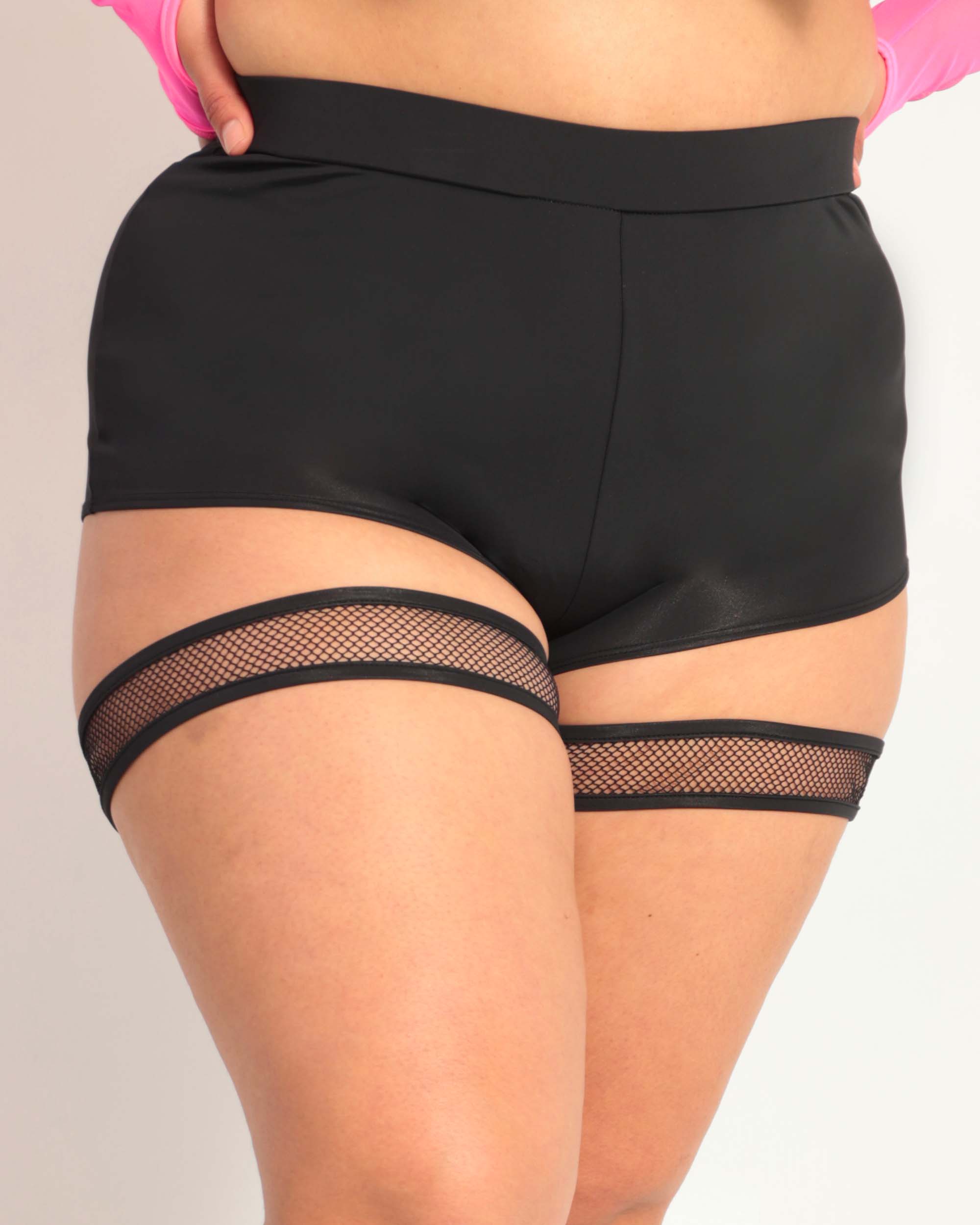 Basic Instinct Booty Shorts with Fishnet Garters-Curve1-Black-Front--Silvia---1X