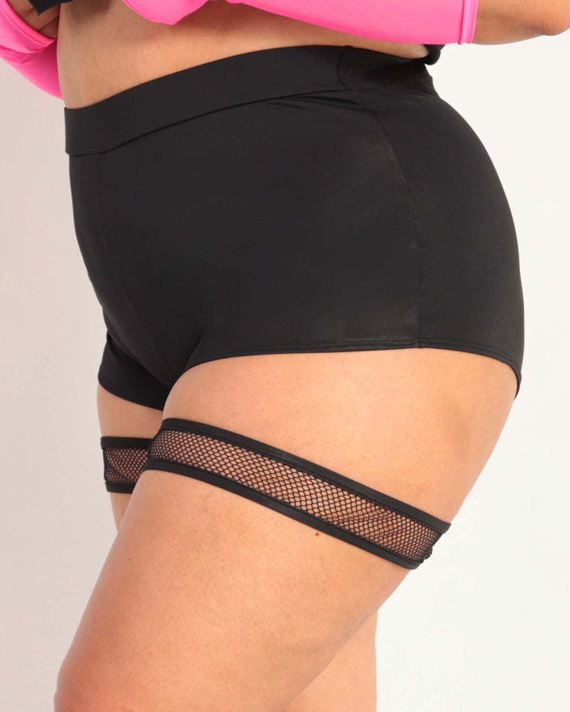 Basic Instinct Booty Shorts with Fishnet Garters-Curve1-Black-Side--Silvia---1X