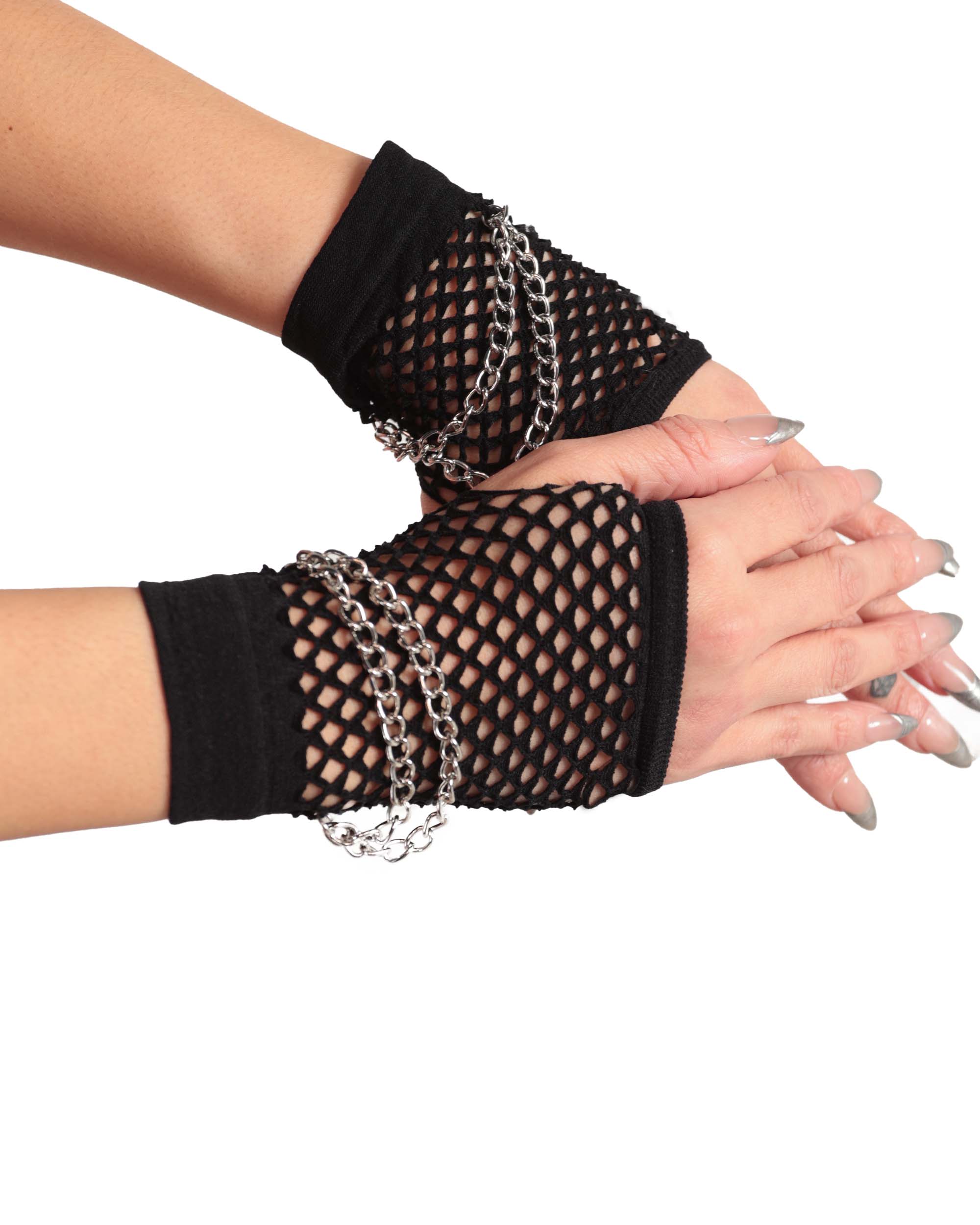 Bound Together Fingerless Fishnet Gloves with Chains-Black-Side