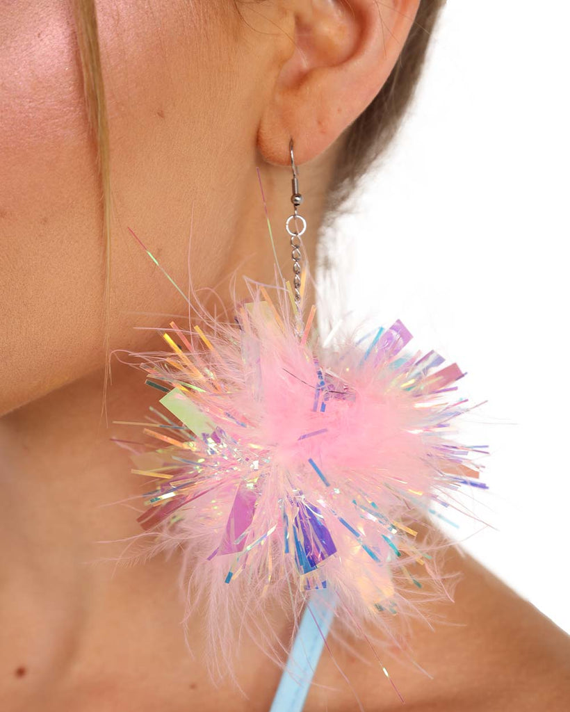 BrittsBlossoms x iHR Iridescent Tinsel Fluff Mix Earrings-Baby Pink-Side
