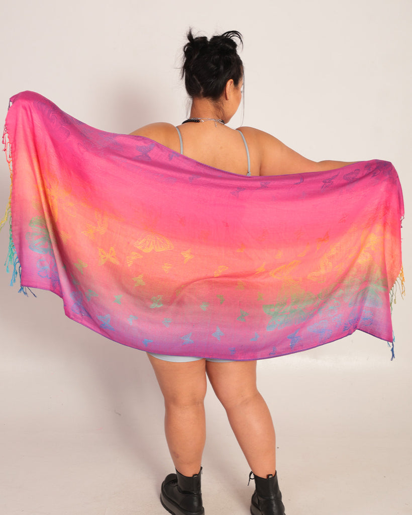 Butterflies Flying Ombre Pashmina-Neon Pink-Back