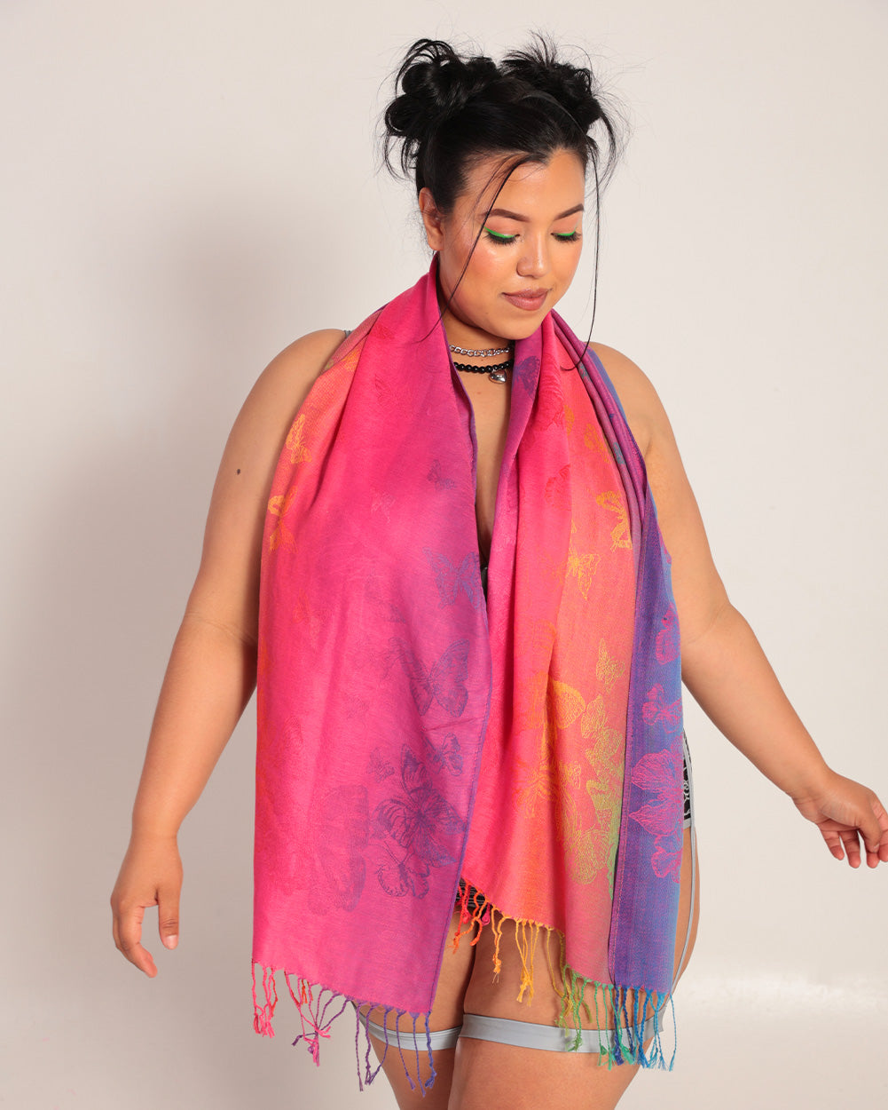 Butterflies Flying Ombre Pashmina-Neon Pink-Front