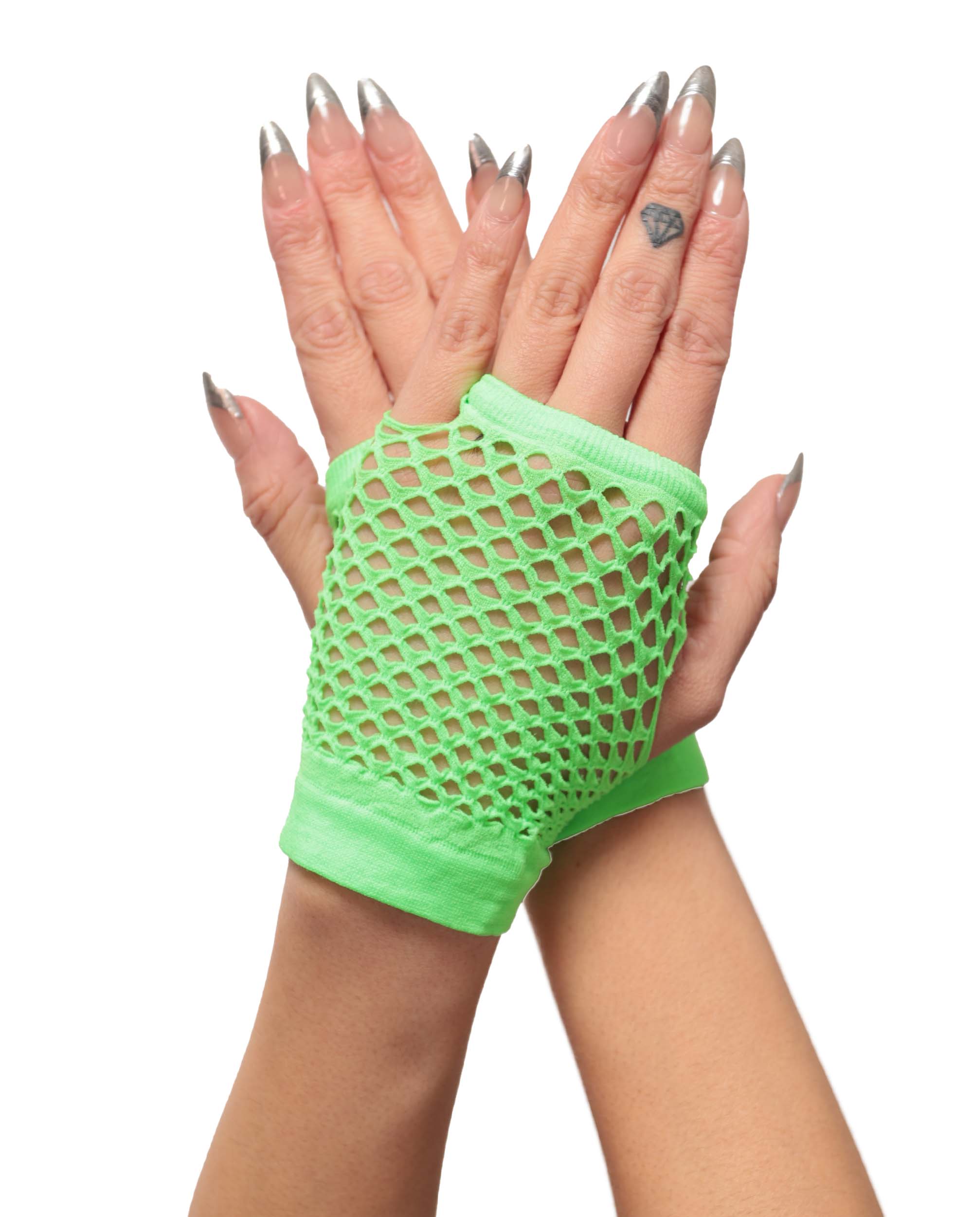 Cyber Babe Fingerless Fishnet Gloves-Neon Green-Side