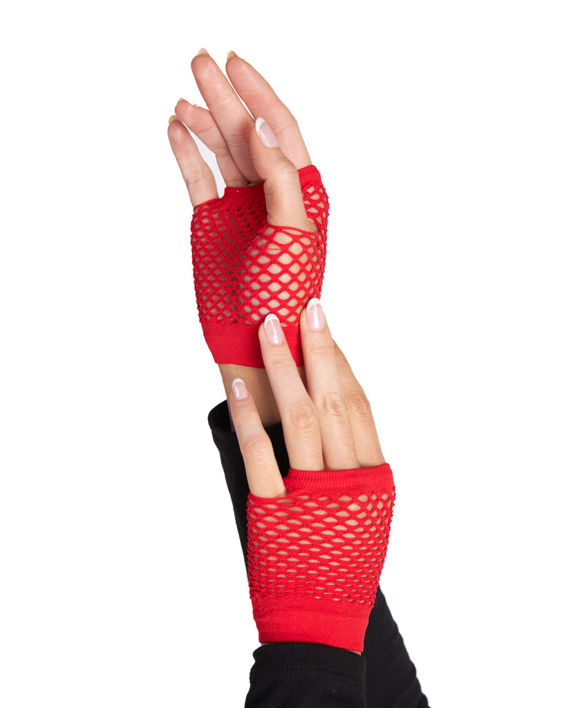 Cyber Babe Fingerless Fishnet Gloves-Red-Side