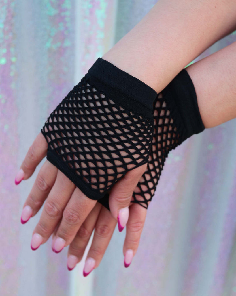 Cyber Babe Fingerless Fishnet Gloves-Black-Front