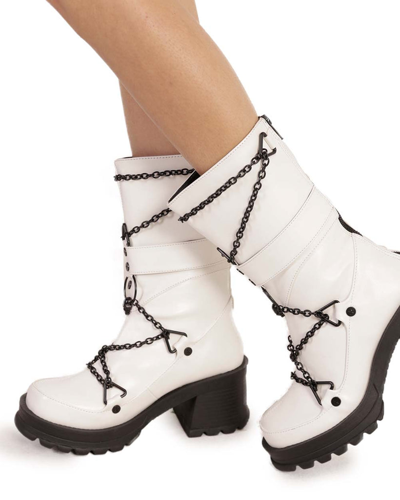 Demonia No Trespassing Metal Chain Platform Boots-White-Side