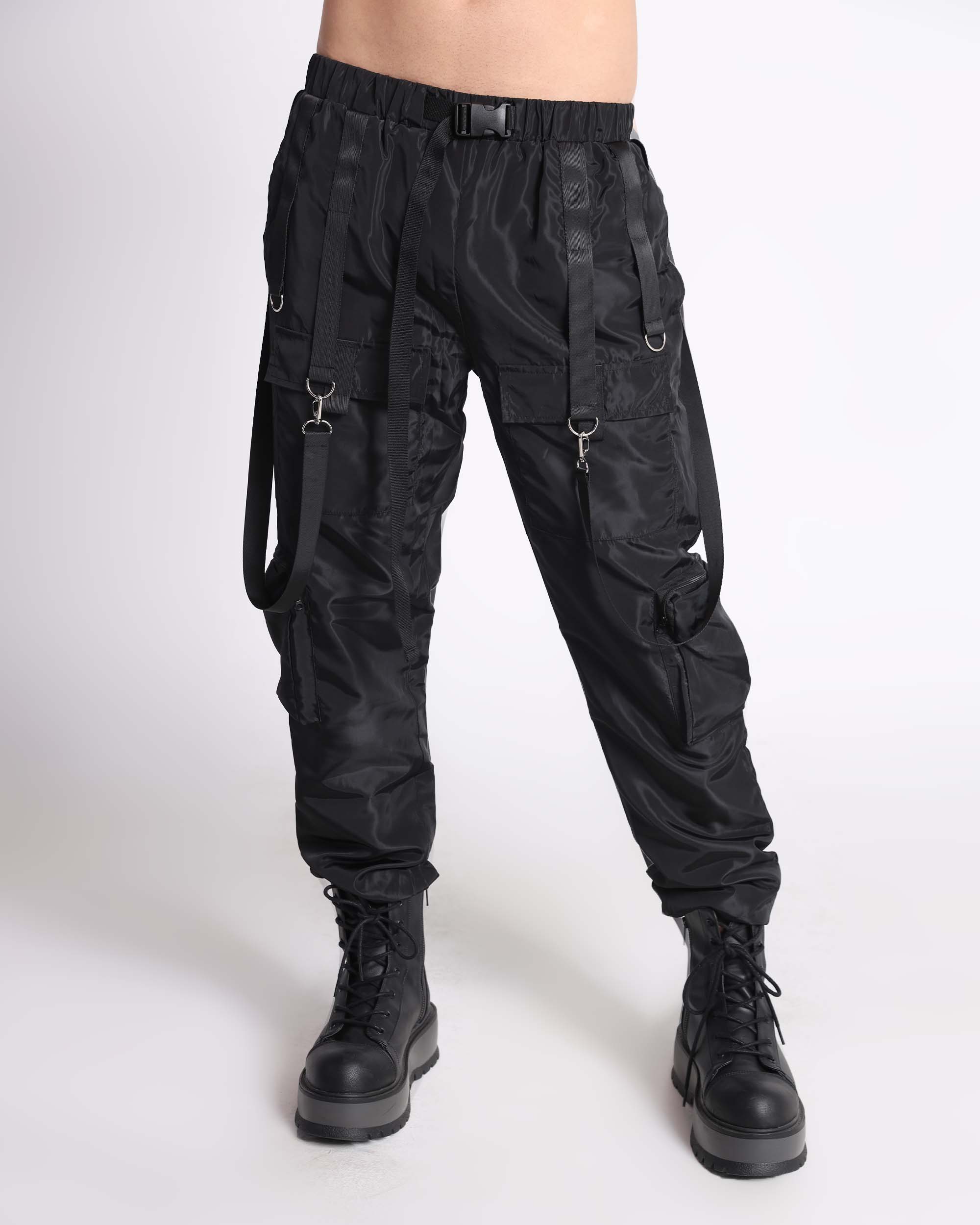 Endless Glow Joggers with Cargo Pockets & Straps-Black-Front--Jose---S