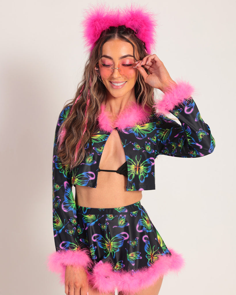 Rainbow Reverie Faux Fur Mini Skirt - Iheartraves EDC Rave Outfits, EDM Music Festival Clothes for Halloween Rave Costumes, Rave Clothing, Music
