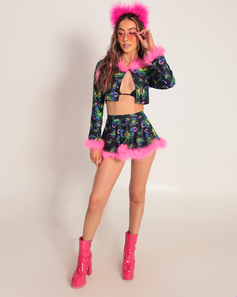 Euphoric Butterflies Marabou Mini Skirt-Neon Pink/Neon Yellow/Purple-Full--Hannah---S