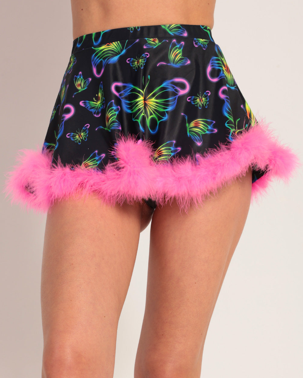 Euphoric Butterflies Marabou Mini Skirt-Neon Pink/Neon Yellow/Purple-Front--Hannah---S