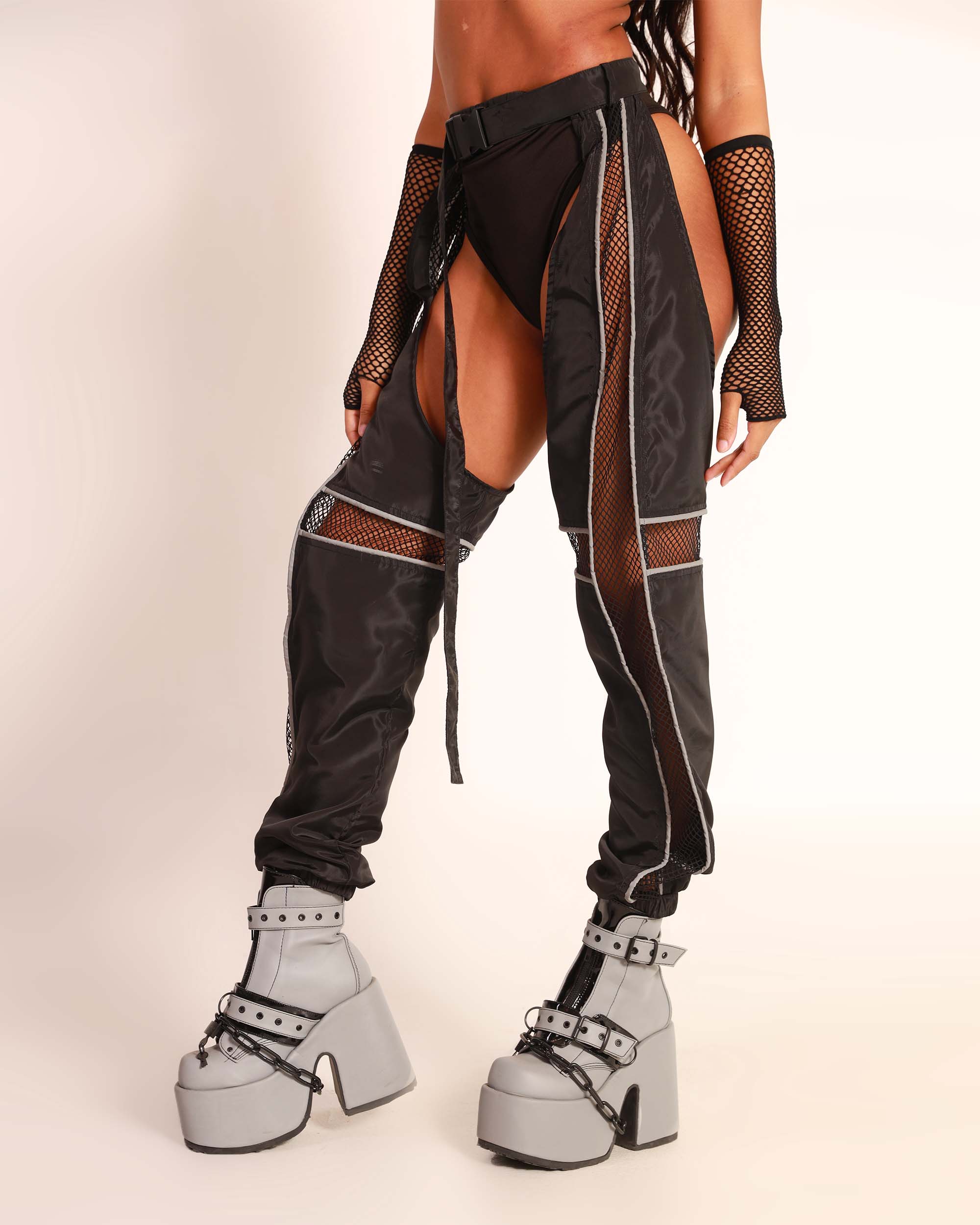 Evolution Chaps with Silver Reflective Stripes & Fishnet Panels-Black/Silver-Side--Brandy---S