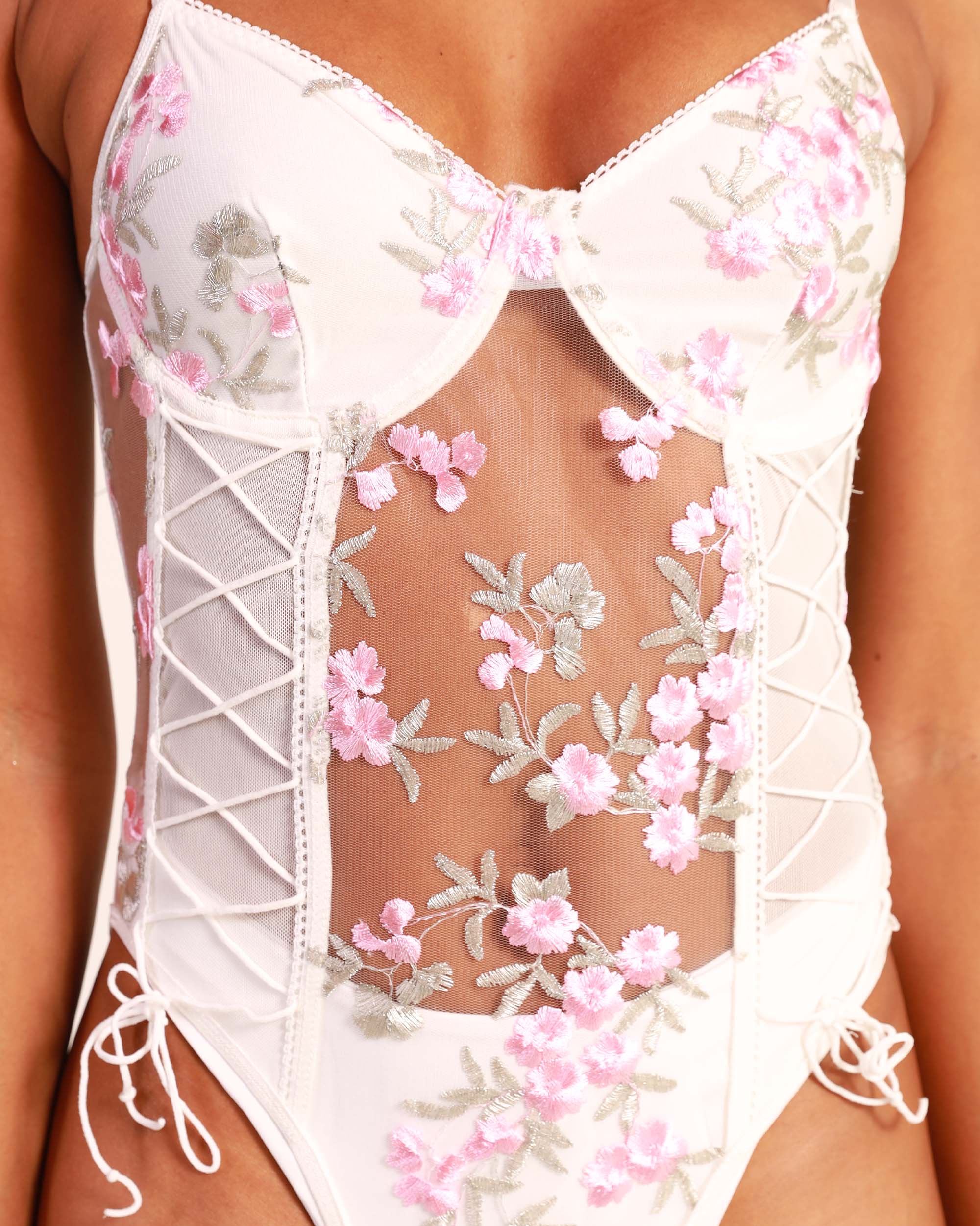 Finer Things Floral Embroidery Bodysuit-White-Detail