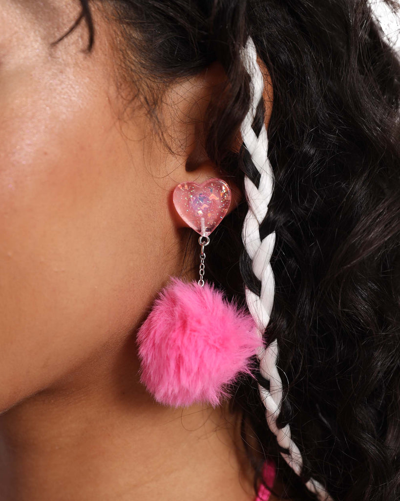 Fluffy Feels Heart Earrings-Hot Pink-Side