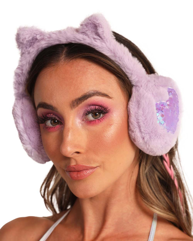 Furry Feline Earmufffs-Lavender-Side