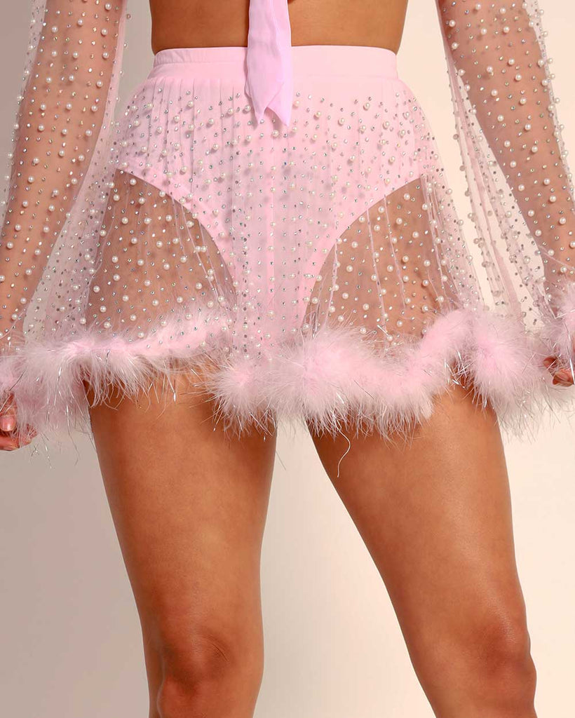 Happy Ever After Tinsel Marabou Mesh Skirt-Baby Pink-Front--Quinn---S