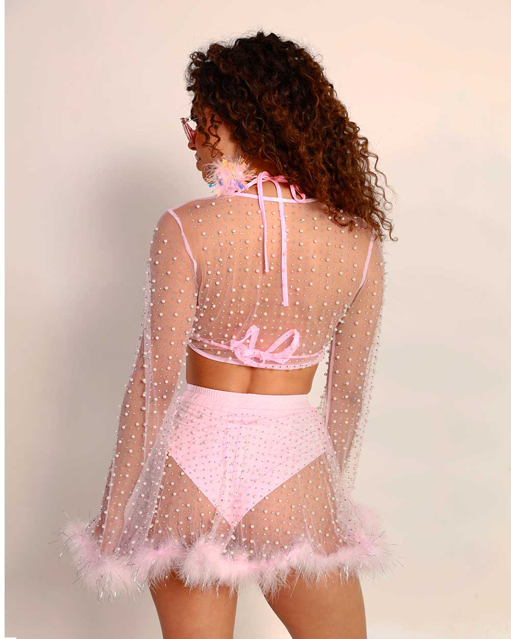 Happy Ever After Tinsel Marabou Mesh Top-Baby PInk-Back--Quinn---S