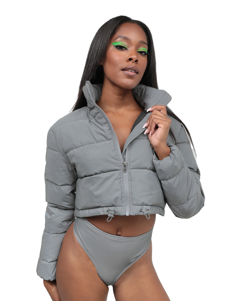 High On Bass Reflective Cropped Puffer Jacket-Grey-Front--Brandi---S