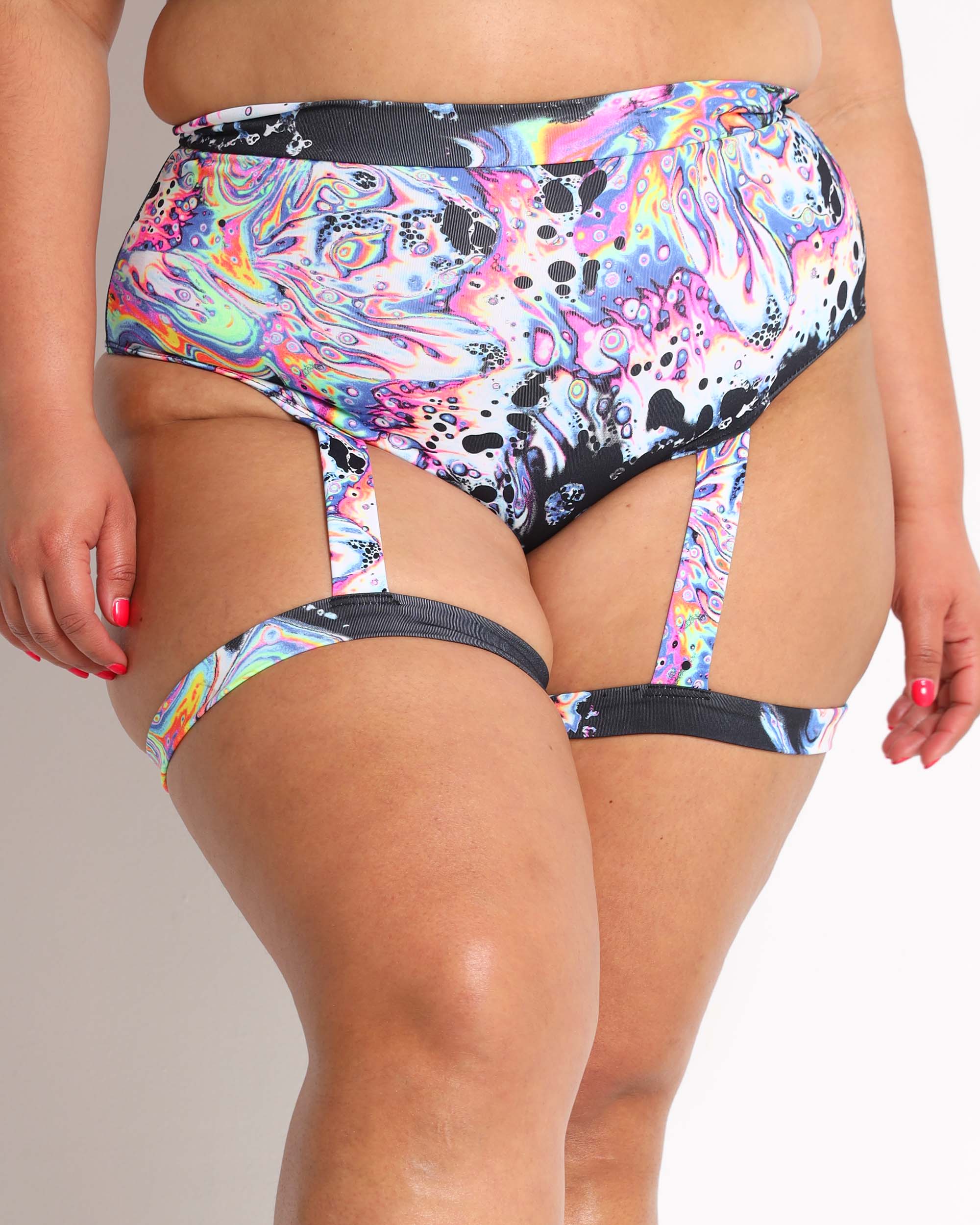 Liquid Tripp High Waist Shorts with Garters-Curve1-Black/Pink/Purple/Silver-Front--Silvia---1X