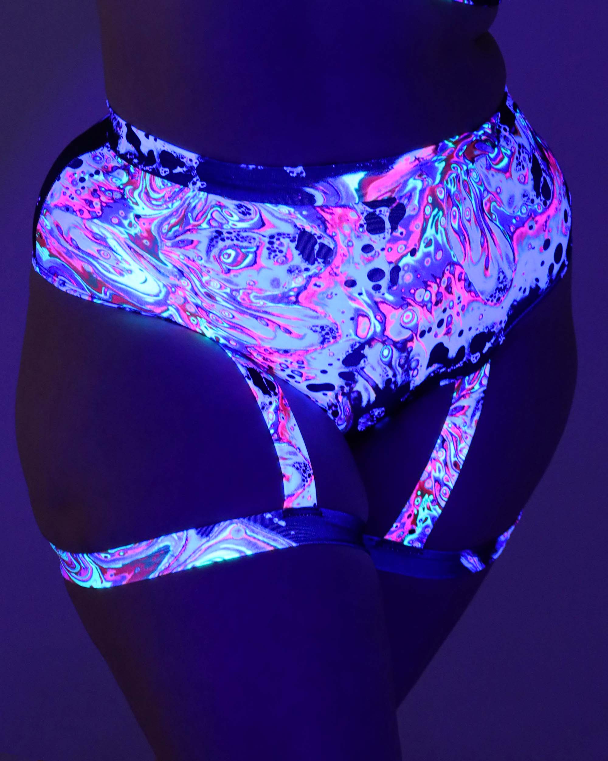 Liquid Tripp High Waist Shorts with Garters-Curve1-Black/Pink/Purple/Silver-UV--Kellee---1X