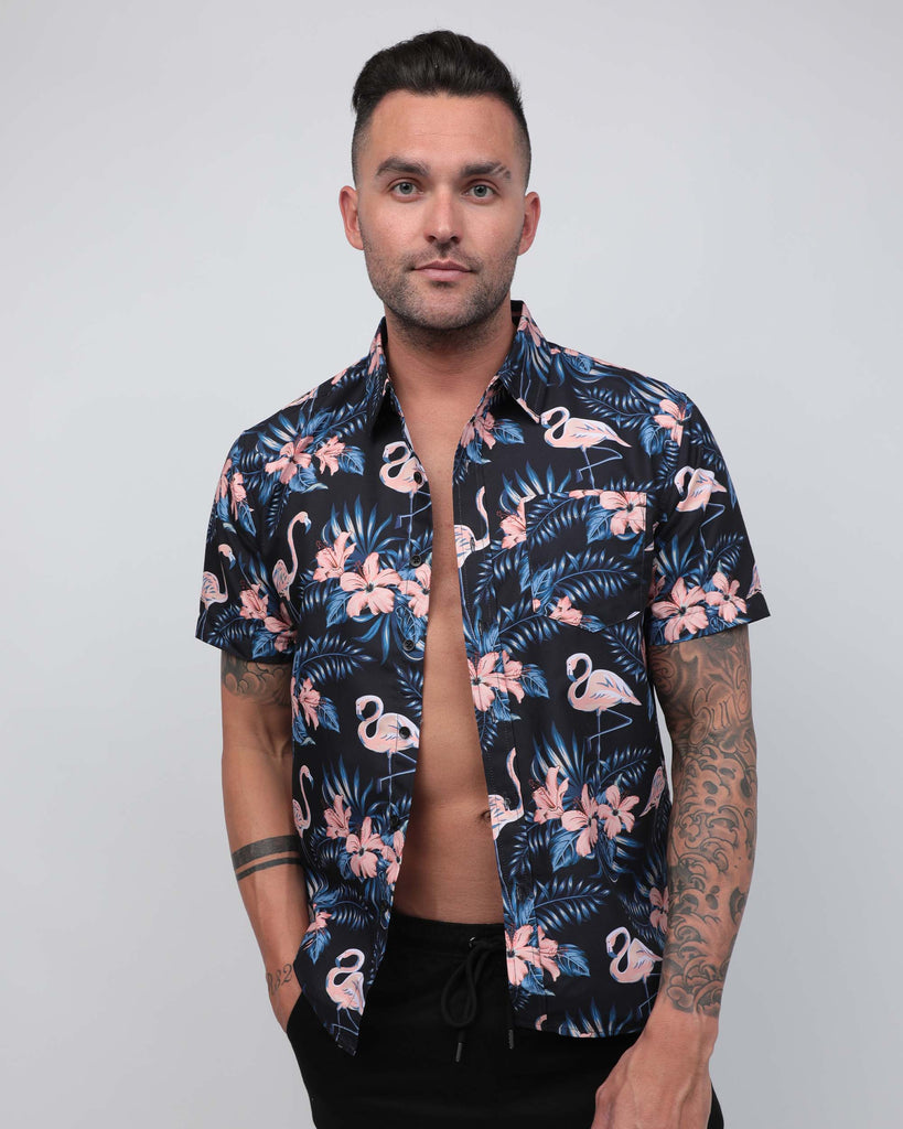 Lost in Paradise Flamingo Camp Shirt-Black/Pink-Front--Zach---L