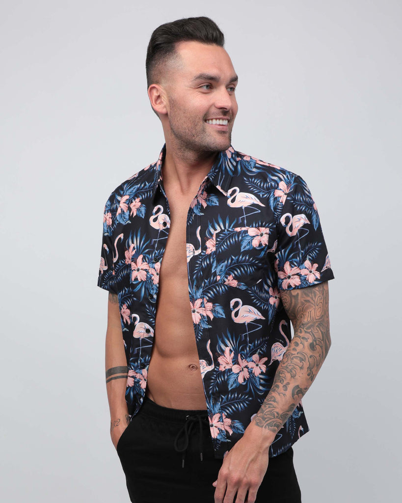 Lost in Paradise Flamingo Camp Shirt-Black/Pink-Side--Zach---L