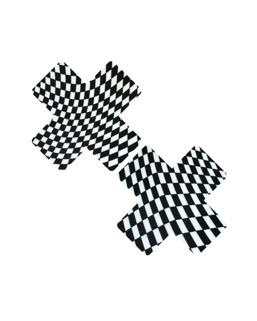 Neva Nude Trippy Checkered Cross Pasties-Black/White-Front