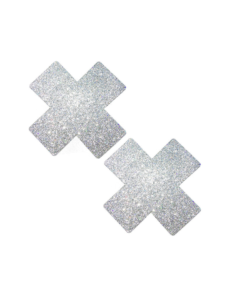 Neva Nude Pixie Dust Glitter Cross Pasties-Silver-Front