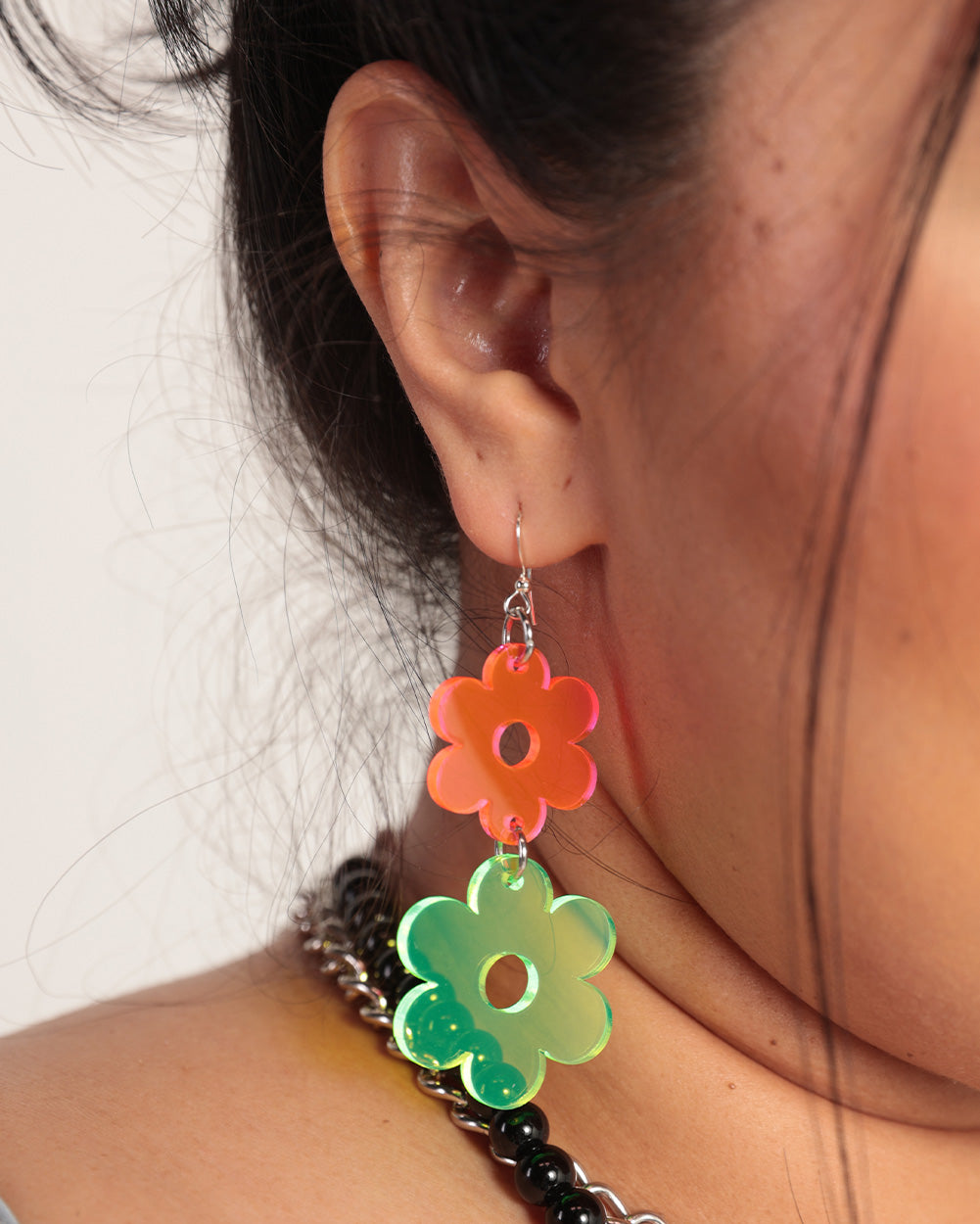 Nomad Kandi Neon Blossoms Chain Earrings-Neon Green/Neon Pink-Side
