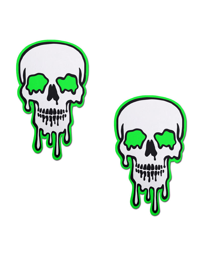 Pastease x iHR Bone to Be Wild Glow in the Dark Skull Pasties-Neon Green-Front