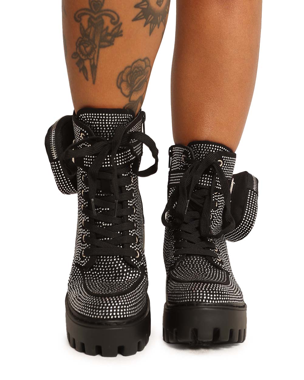 Post Apocalypse Black Platform Boots with Pouch-Black-Front