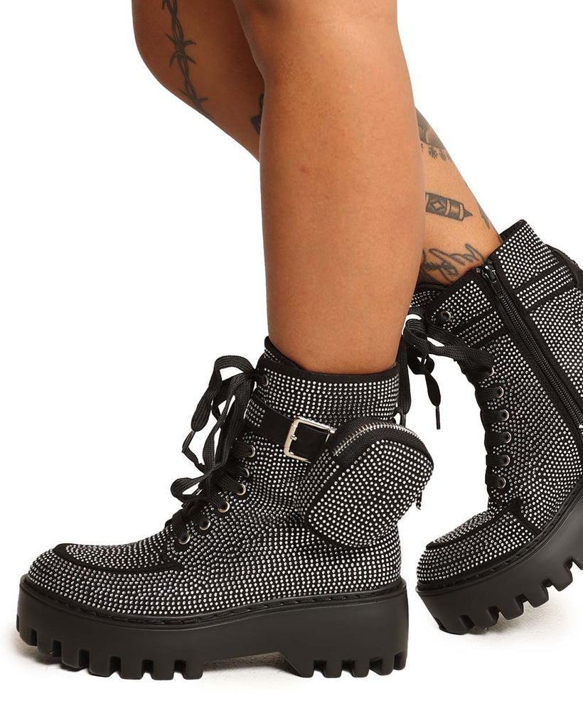 Post Apocalypse Black Platform Boots with Pouch-Black-Side