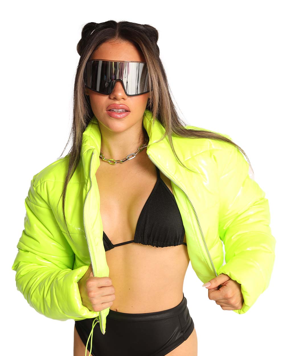Power Puffer Cropped Jacket-Neon Yellow-Front--Tiffany---S