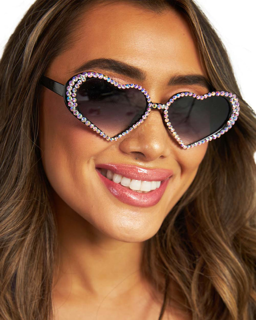 Queen of Hearts Rhinestone-Studded Sunglasses-Black-Front