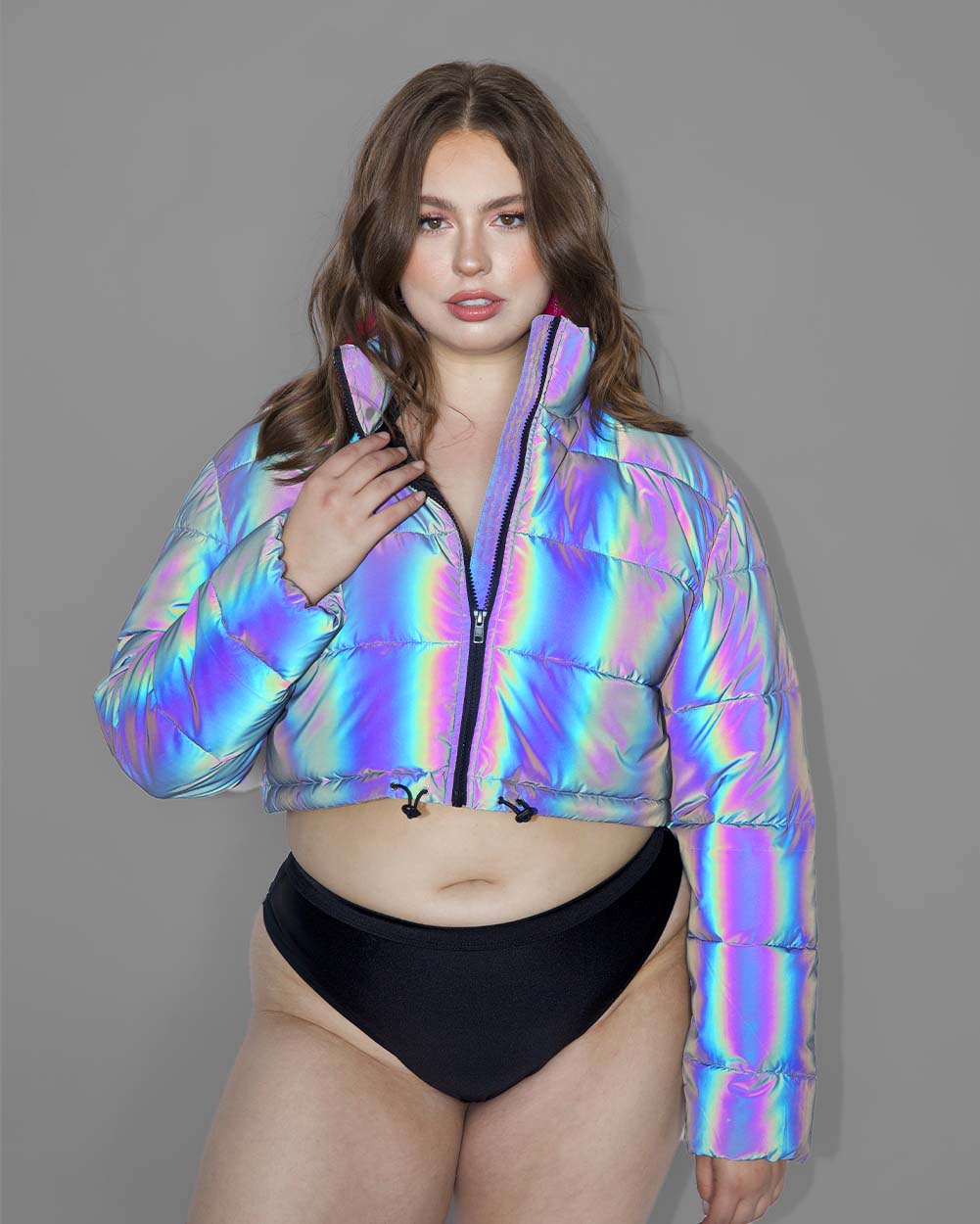 iHeartRaves Rainbow Slay Reflective Cropped Puffer Jacket Rainbow - S for Halloween Rave Costumes, Rave Outfits, Music Festival Clothes
