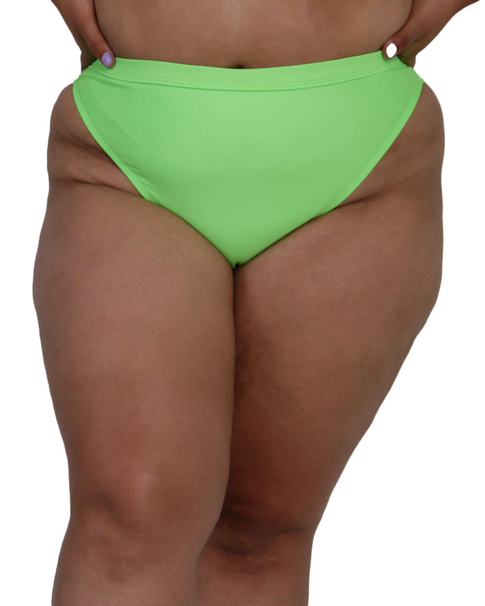Recycled Fabric Malibu BB High Cut Bottoms-Curve1-Neon Green-Front--Silvia---1X