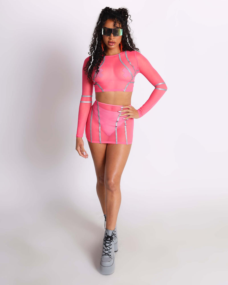 Reflective Wave Mesh Neon Pink Mini Skirt-Neon Pink-Full--Courtney---S