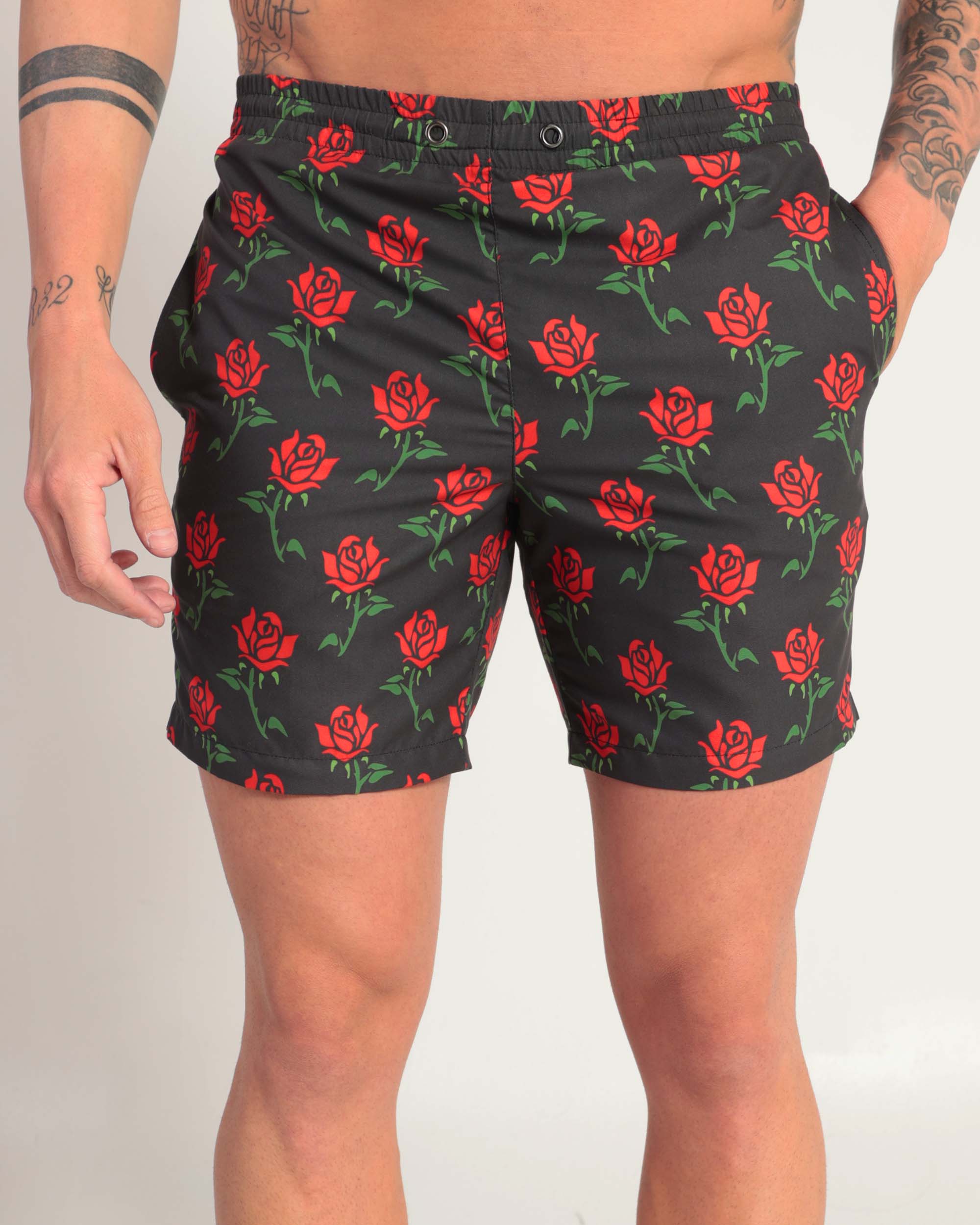 Roses Up My Sleeves Shorts-Black/Green/Red-Front--Zach---L