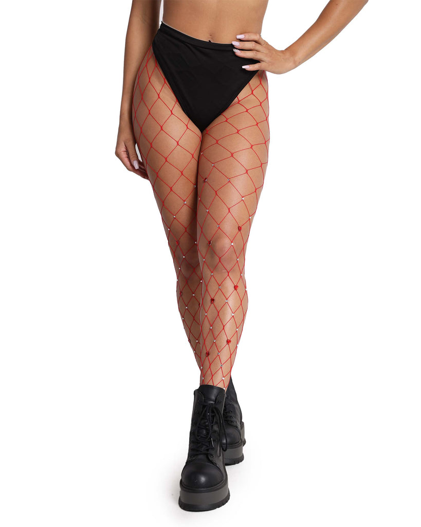 Temptress Fishnet Tights-Red-Front